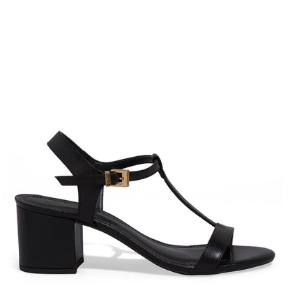 Sandália Santa Lolla Preta Couro Salto Bloco Tira Em T