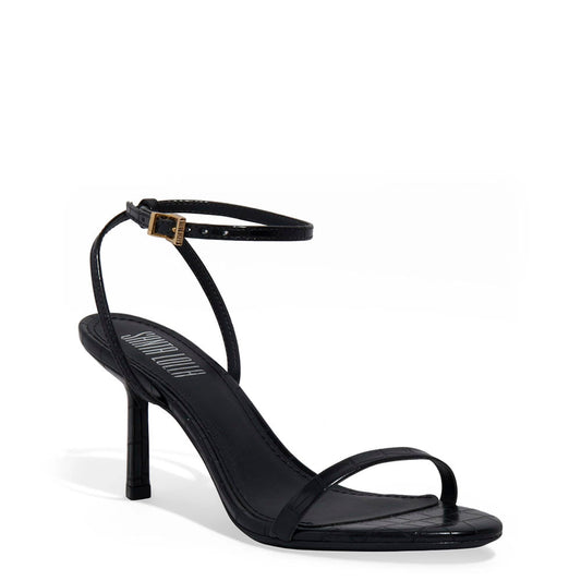 Sandália Santa Lolla Preta Croco Salto Fino Bico Quadrado