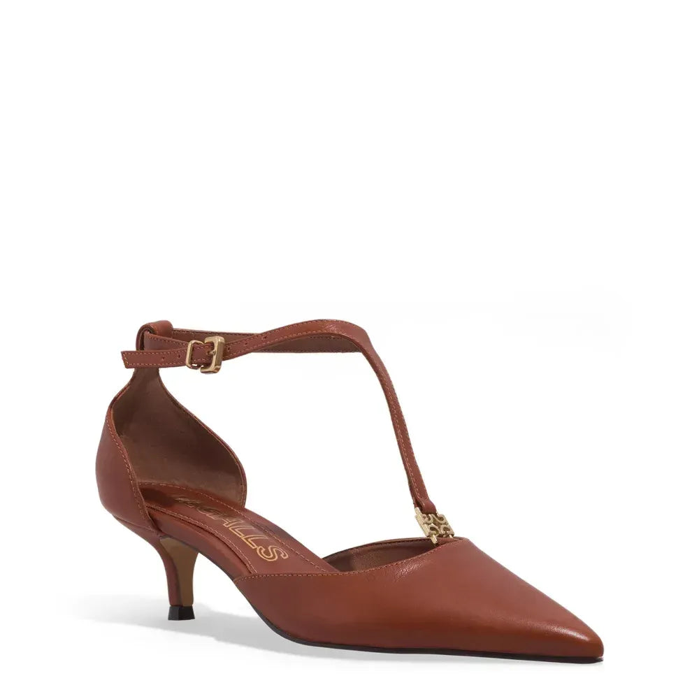 Scarpin Degalls Caramelo Couro T-Strap Salto Baixo