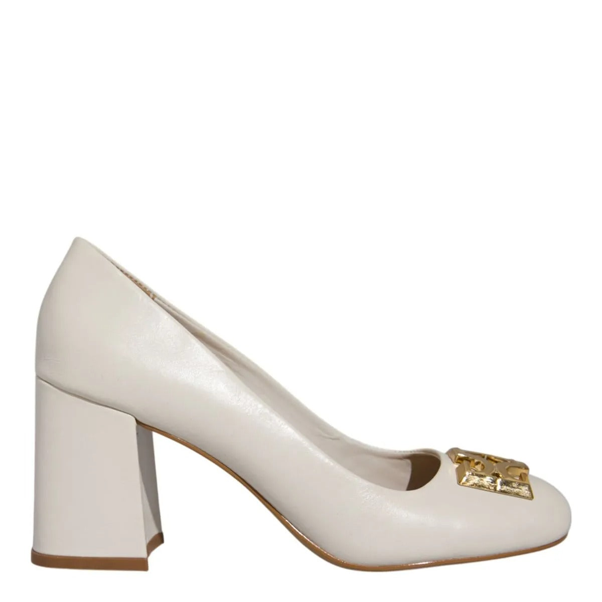 Scarpin Degalls Off White Couro Monograma Salto Grosso