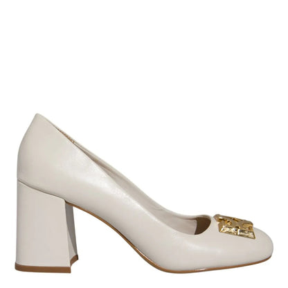 Scarpin Degalls Off White Couro Monograma Salto Grosso