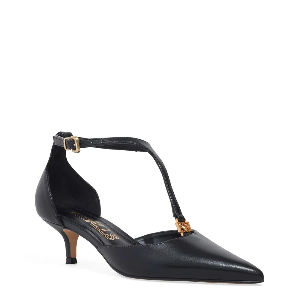 Scarpin Degalls Preto T-Strap Fivela Dourada