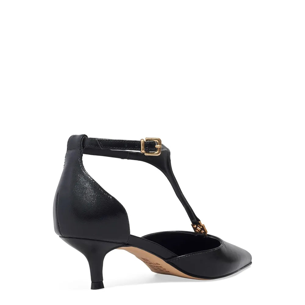 Scarpin Degalls Preto T-Strap Fivela Dourada