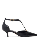 Scarpin Degalls Preto T-Strap Fivela Dourada