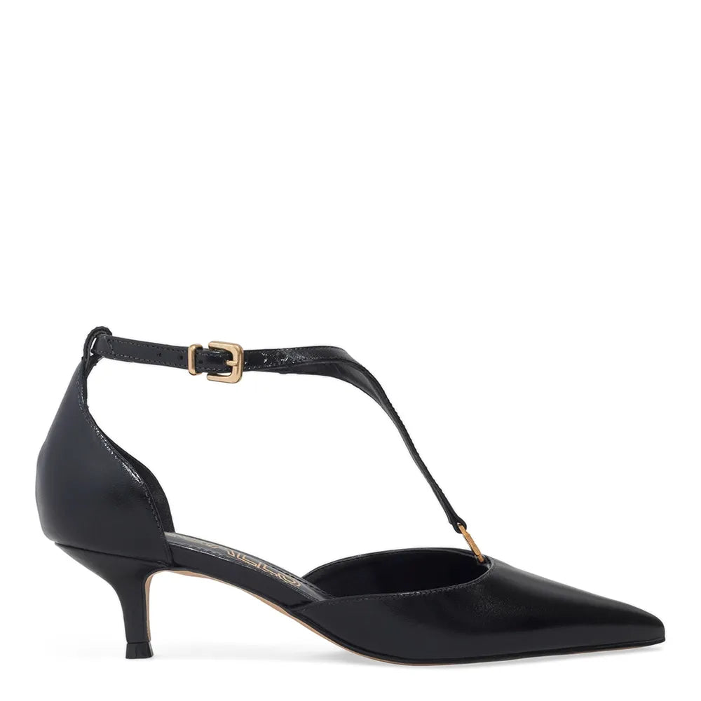 Scarpin Degalls Preto T-Strap Fivela Dourada