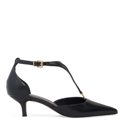 Scarpin Degalls Preto T-Strap Fivela Dourada