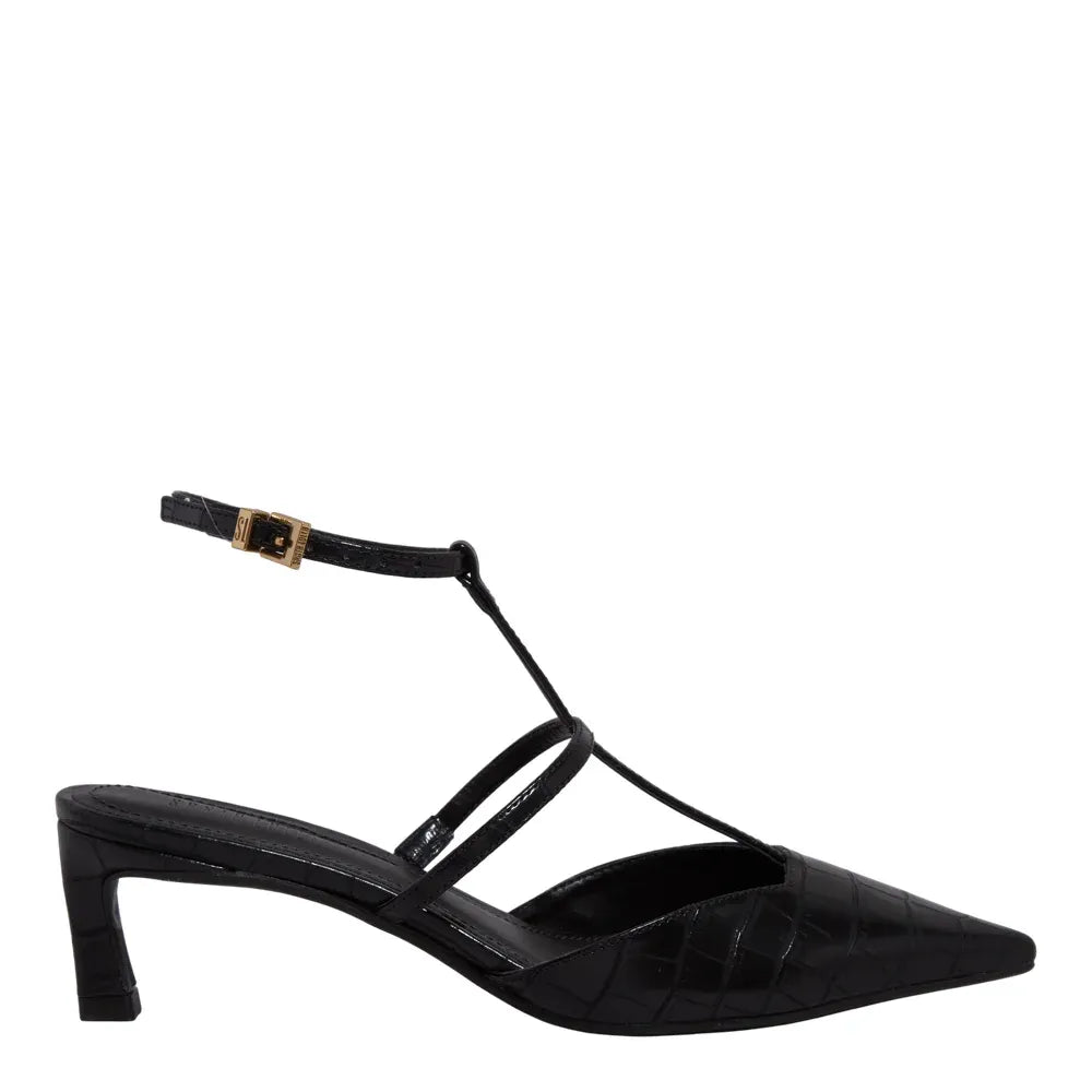 Scarpin Santa Lolla Preto Croco Slingback Salto Baixo
