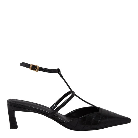 Scarpin Santa Lolla Preto Croco Slingback Salto Baixo