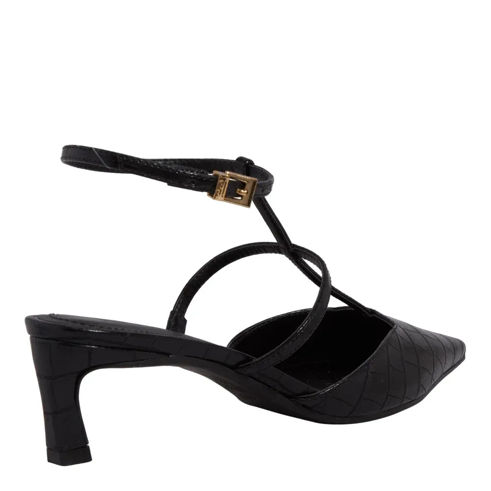 Scarpin Santa Lolla Preto Croco Slingback Salto Baixo