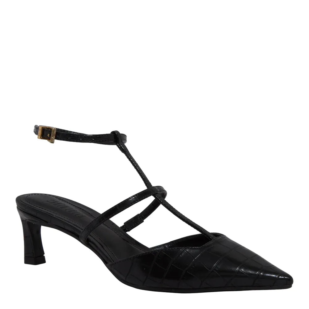 Scarpin Santa Lolla Preto Croco Slingback Salto Baixo