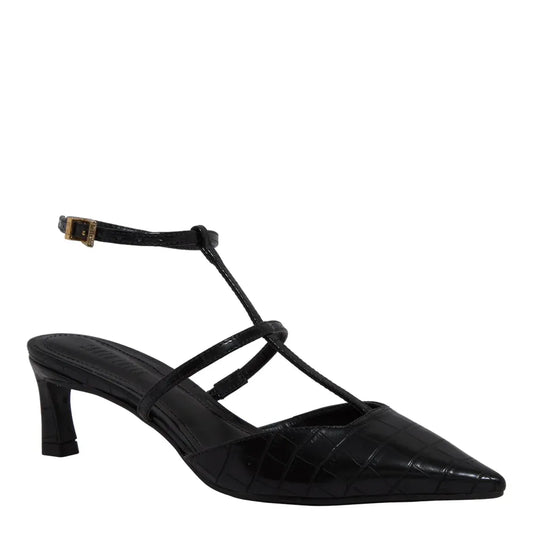 Scarpin Santa Lolla Preto Croco Slingback Salto Baixo