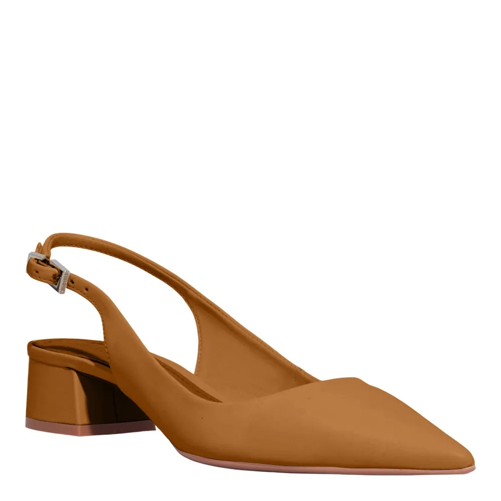 Scarpin Slingback Santa Lolla Couro Caramelo Salto Bloco Baixo 