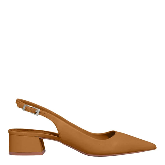 Scarpin Slingback Santa Lolla Couro Caramelo Salto Bloco Baixo 
