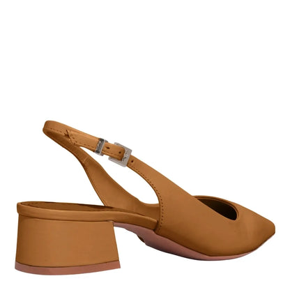 Scarpin Slingback Santa Lolla Couro Caramelo Salto Bloco Baixo 