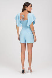 Short De Linho Com Lapelas Azul Frysaide