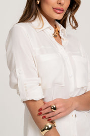 Short De Linho Off White Com Botao Dourado Frysaide