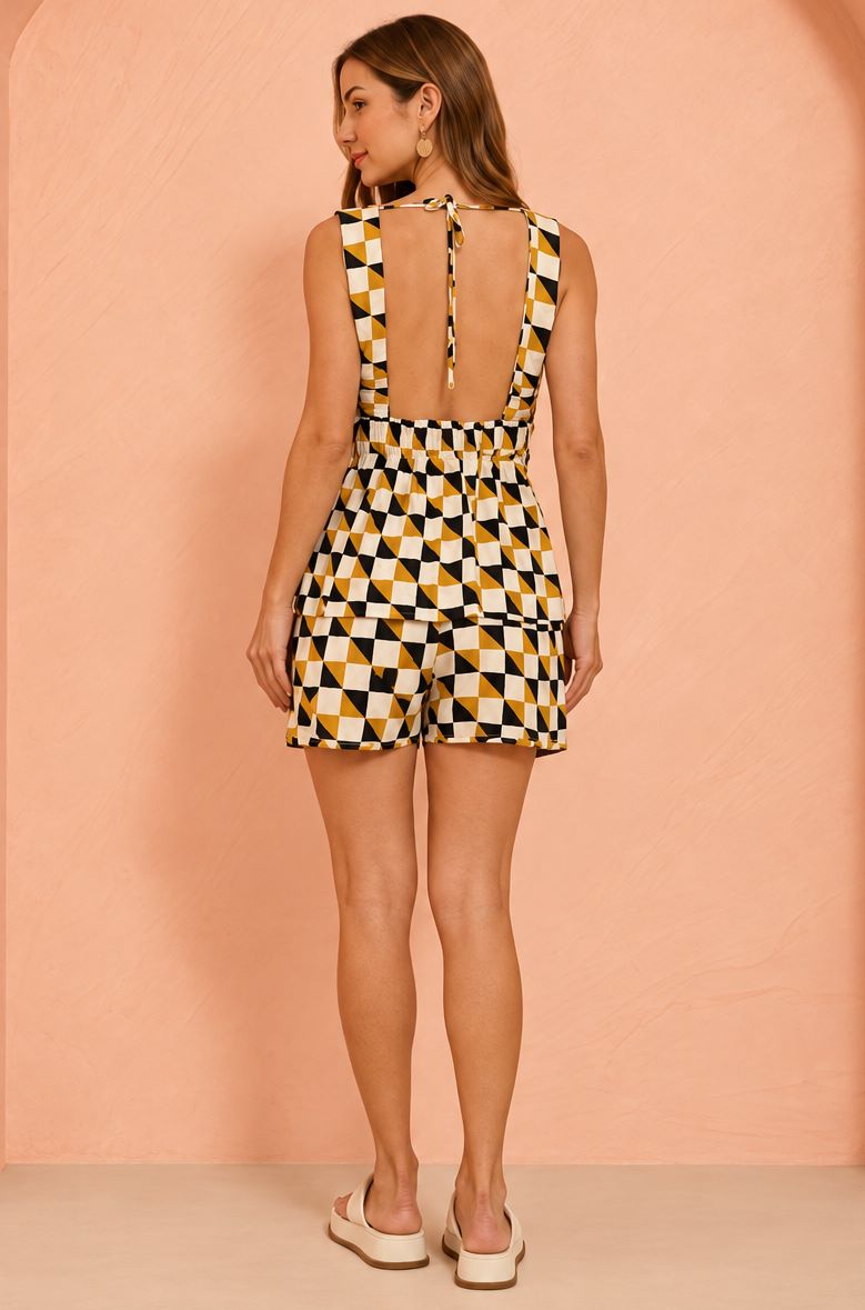 Short Flo Maria Estampado Geométrico Cintura Alta