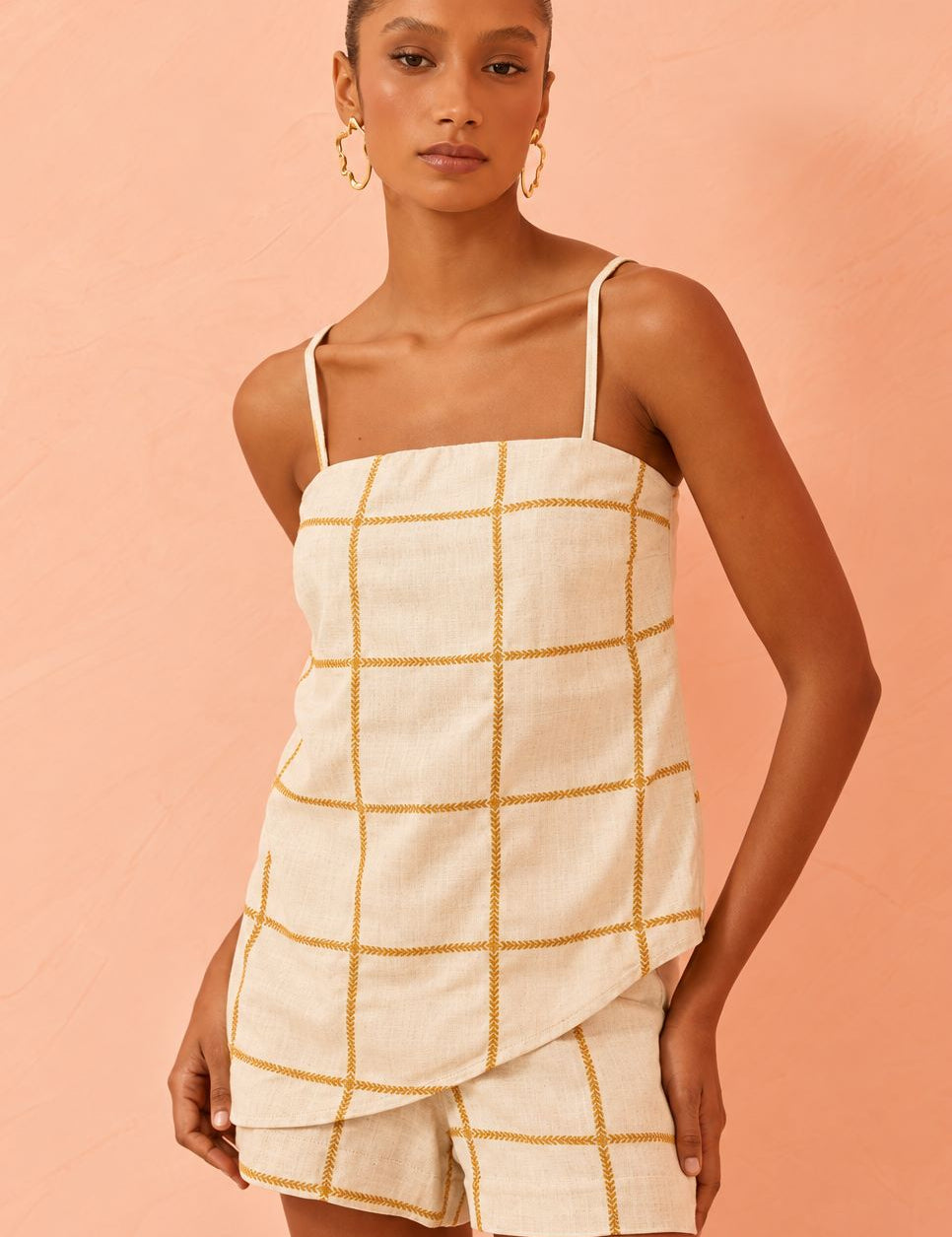 Short Flo Maria Off White Linho Xadrez