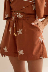 Short Flo Maria Terracota Linho Bordado Floral