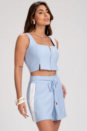 Short Frysaide Azul Bicolor Cintura Alta Faixa