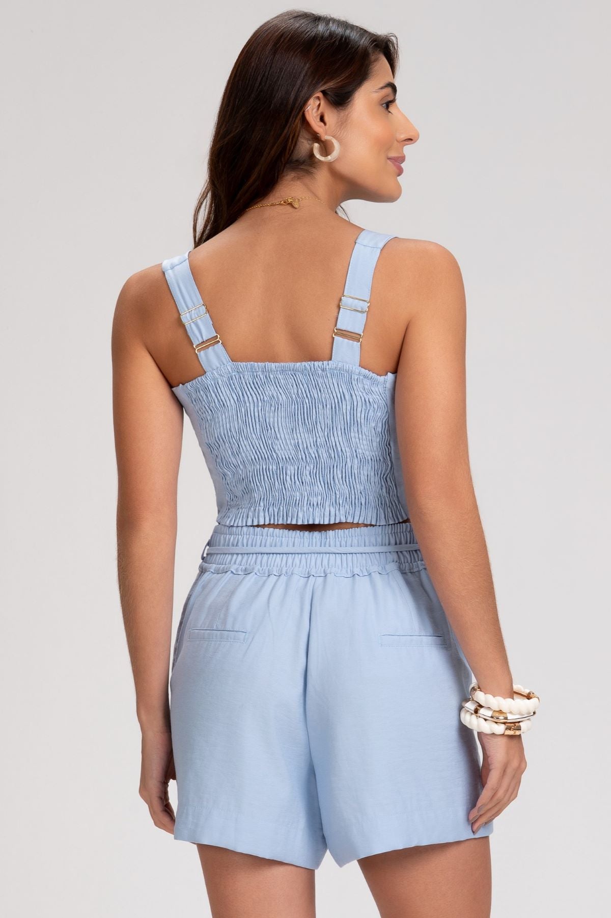Short Frysaide Azul Bicolor Cintura Alta Faixa