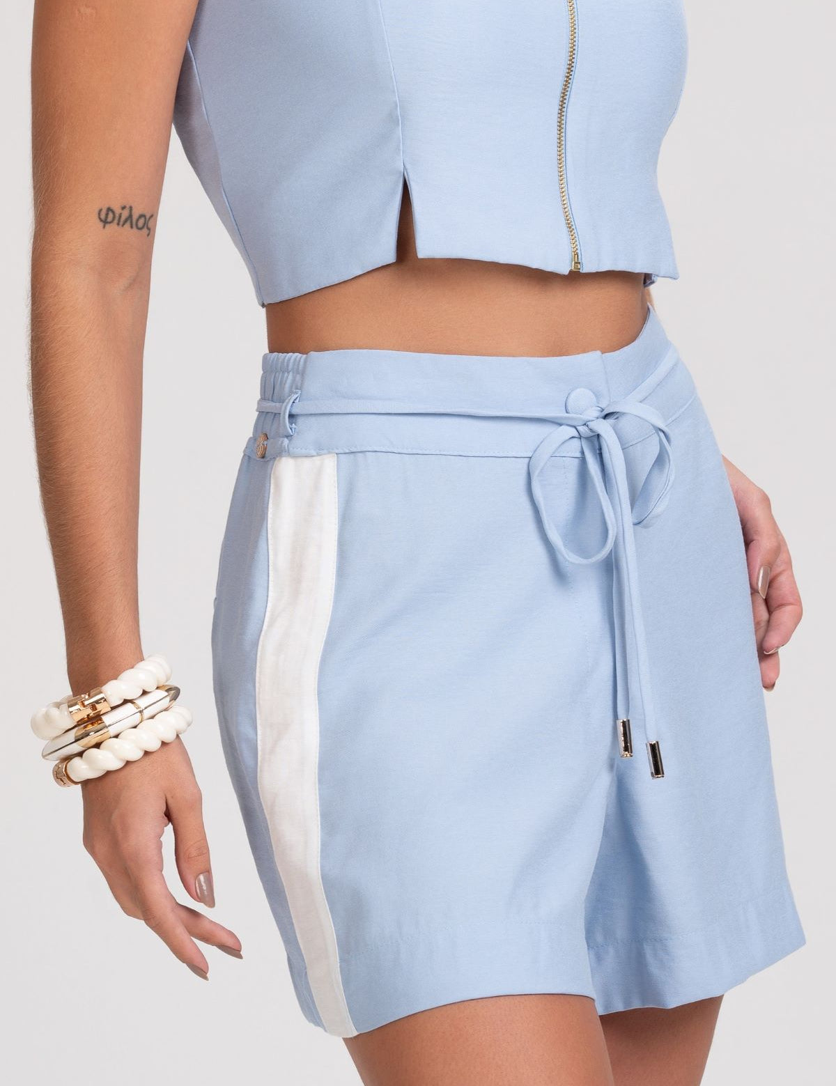 Short Frysaide Azul Bicolor Cintura Alta Faixa