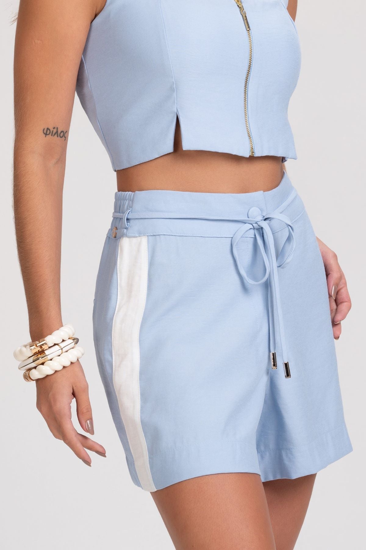 Short Frysaide Azul Bicolor Cintura Alta Faixa