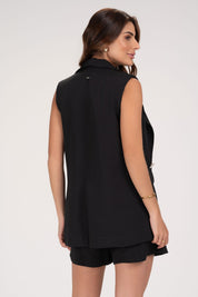 Short Frysaide Preto Alfaiataria Bolsos Frontais