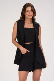 Short Frysaide Preto Alfaiataria Bolsos Frontais
