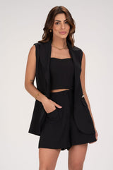 Short Frysaide Preto Alfaiataria Bolsos Frontais