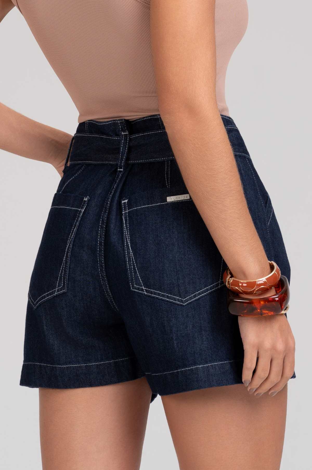 Short Jeans Frysaide Azul Cintura Alta Faixa