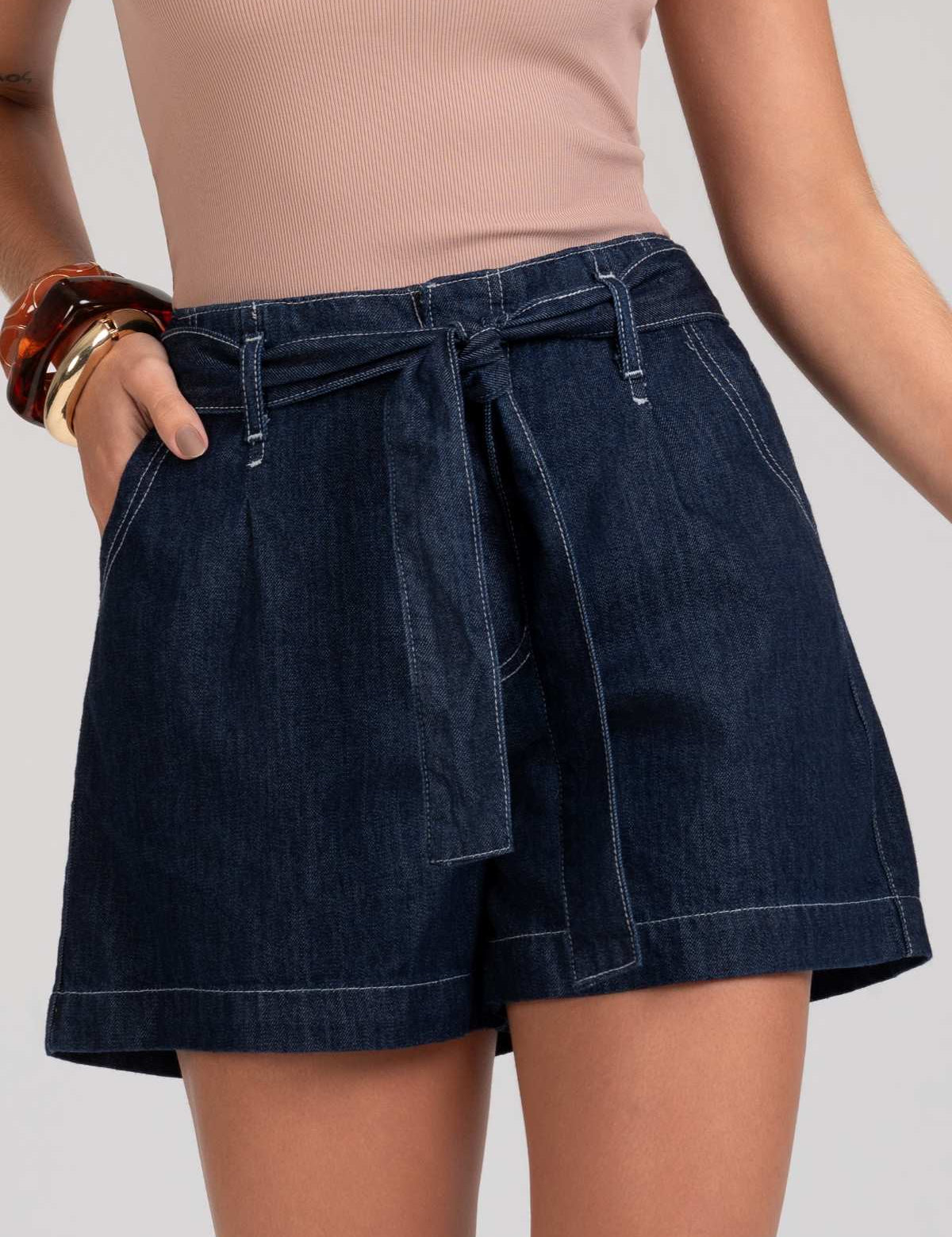 Short Jeans Frysaide Azul Cintura Alta Faixa