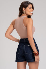 Short Jeans Frysaide Azul Cintura Alta Faixa