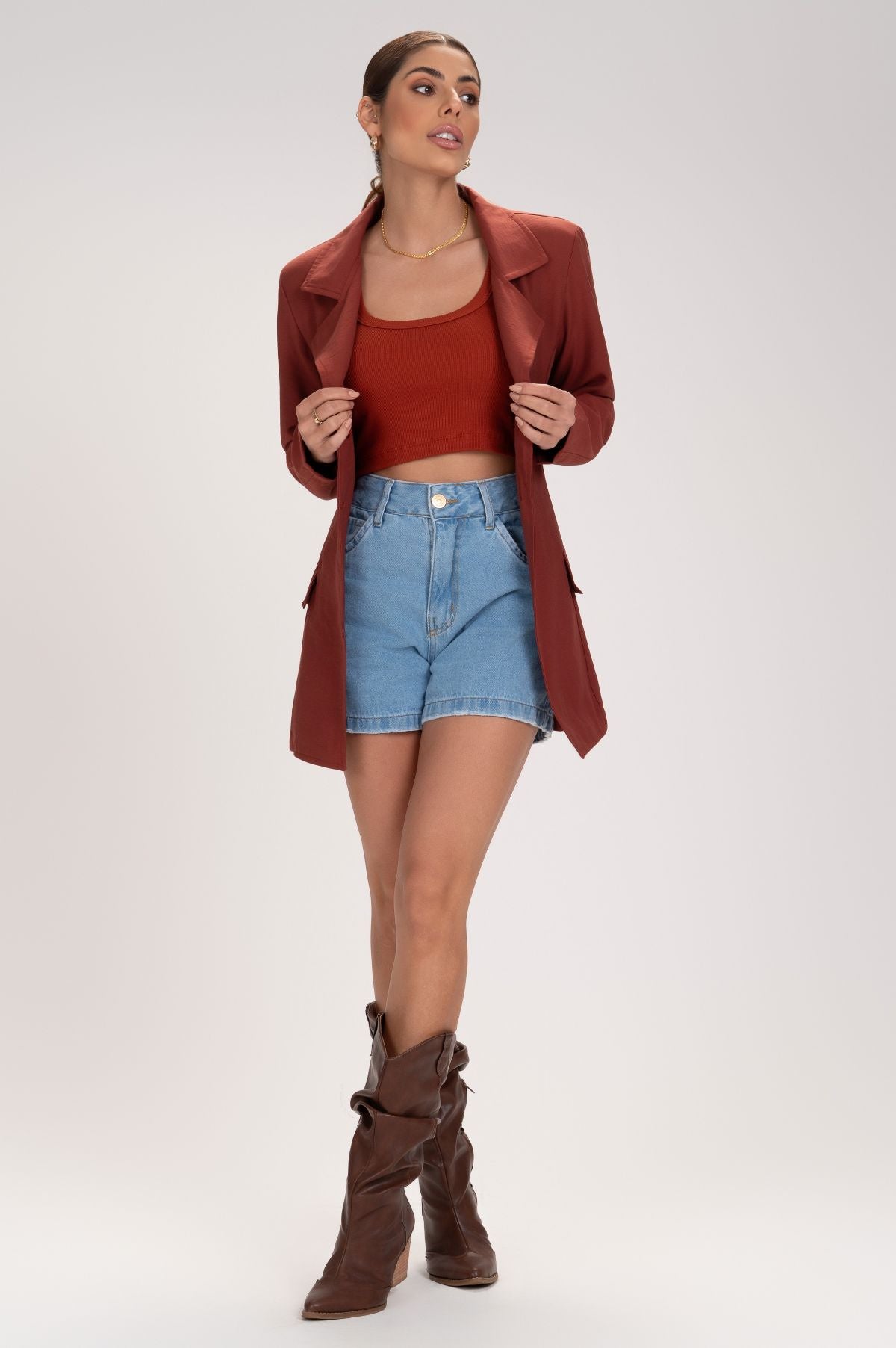Short Jeans Frysaide Azul Claro Mom Cintura Alta