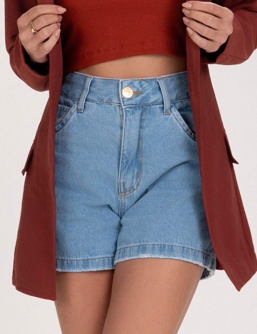 Short Jeans Frysaide Azul Claro Mom Cintura Alta