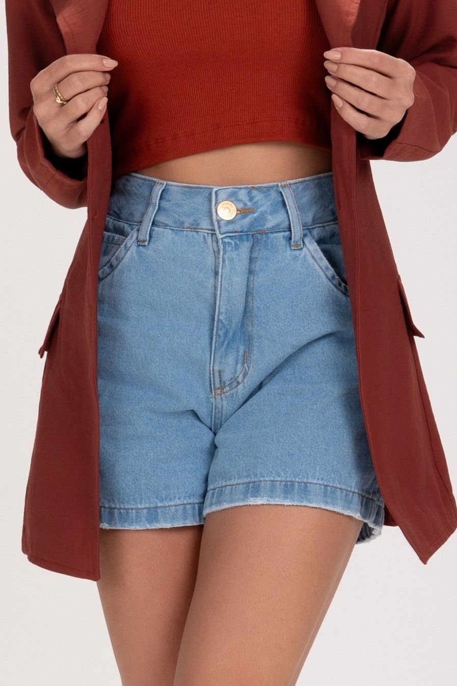 Short Jeans Frysaide Azul Claro Mom Cintura Alta