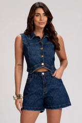 Short Jeans Frysaide Azul Escuro Barra Desfiada