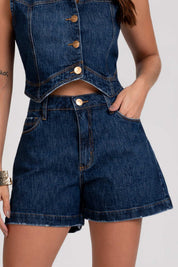 Short Jeans Frysaide Azul Escuro Barra Desfiada