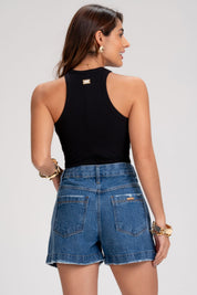 Short Jeans Frysaide Azul Mom Barra Desfiada