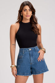 Short Jeans Frysaide Azul Mom Barra Desfiada