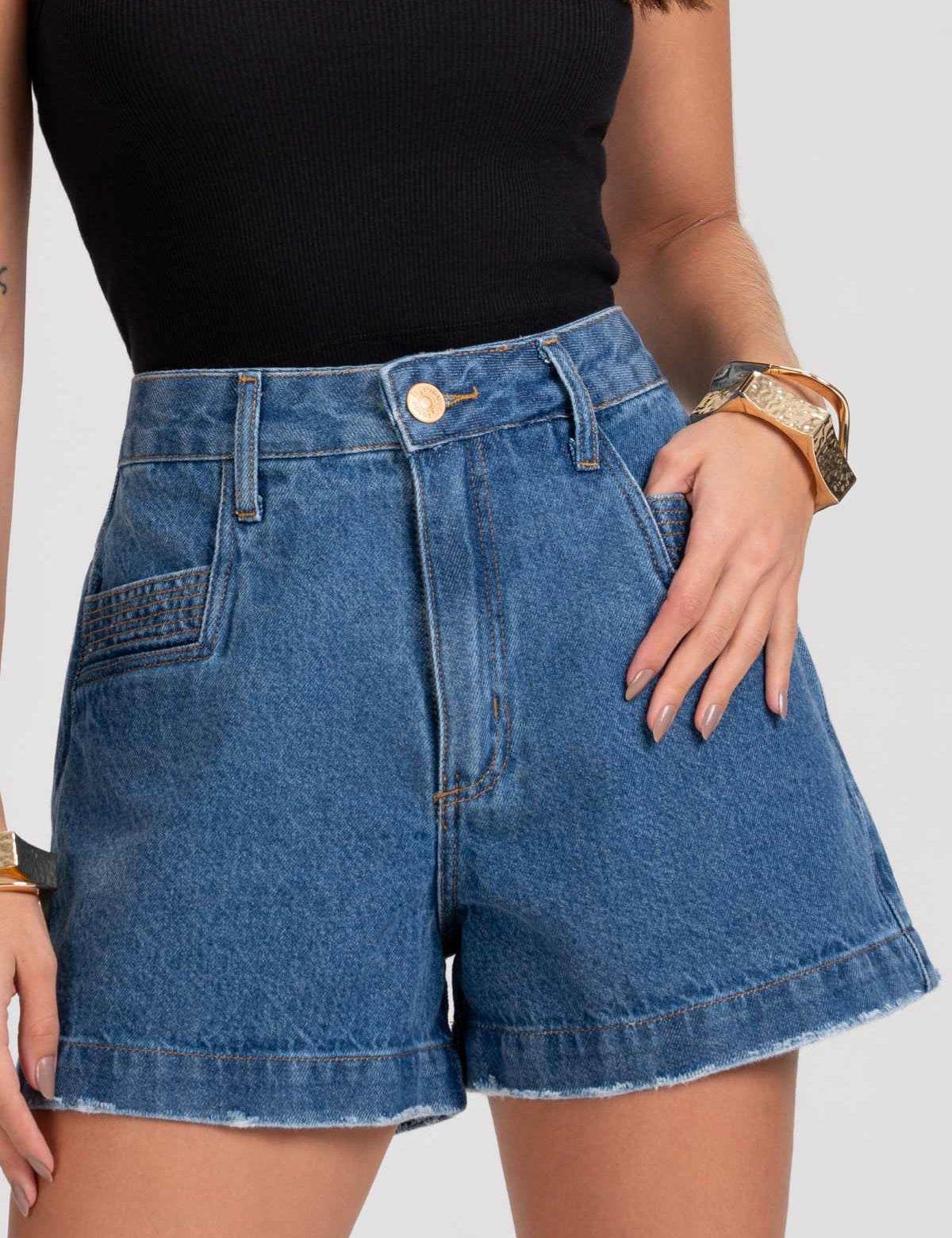 Short Jeans Frysaide Azul Mom Barra Desfiada