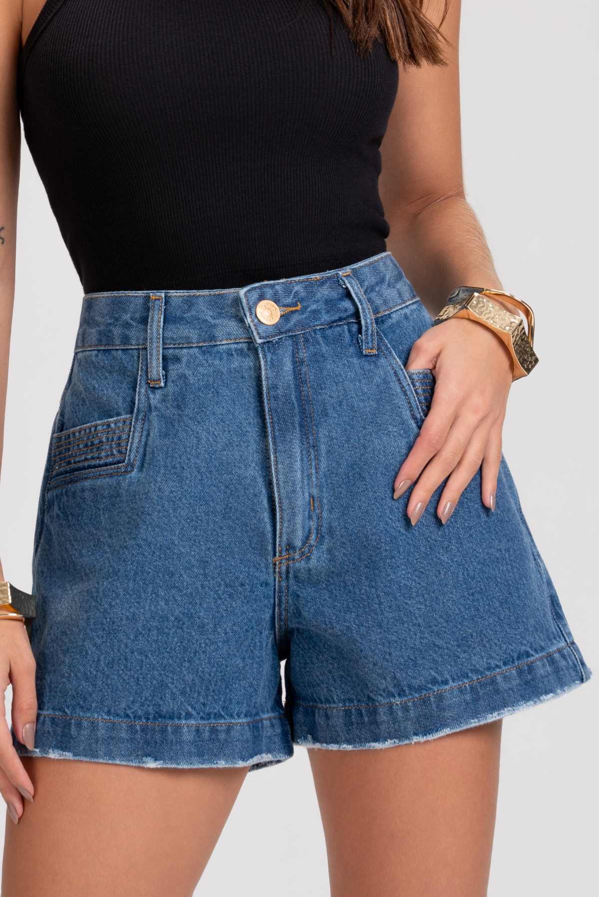 Short Jeans Frysaide Azul Mom Barra Desfiada