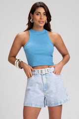 Short Jeans Mom Frysaide Azul Cinto Embutido