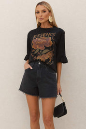 Short Jeans Mom Frysaide Preto Barra Desfiada