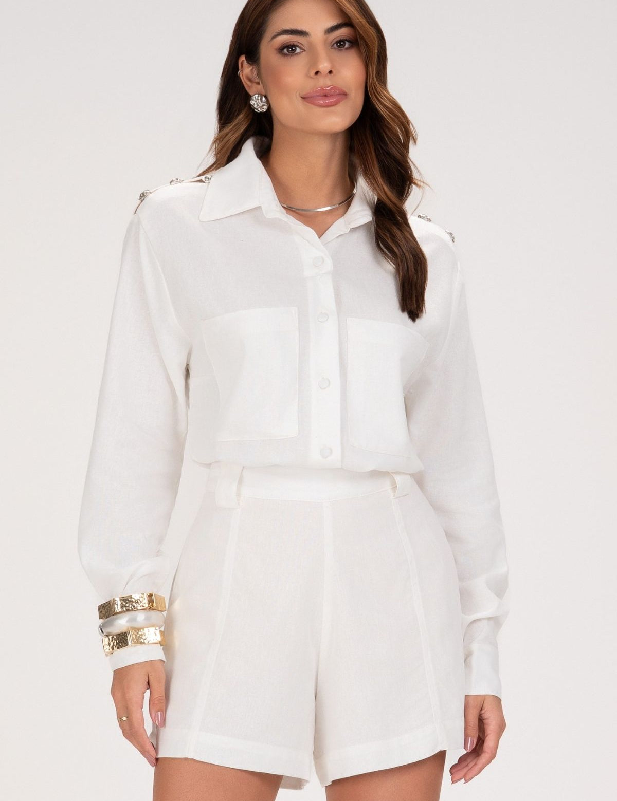 Short Linho Frysaide Off White Cintura Alta