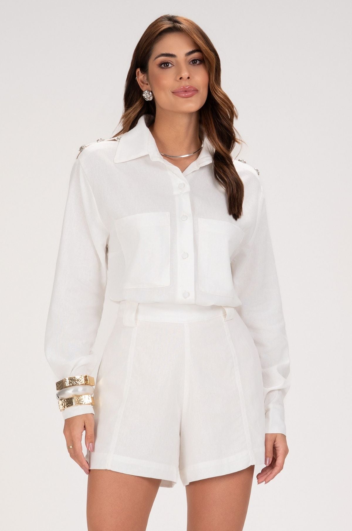 Short Linho Frysaide Off White Cintura Alta