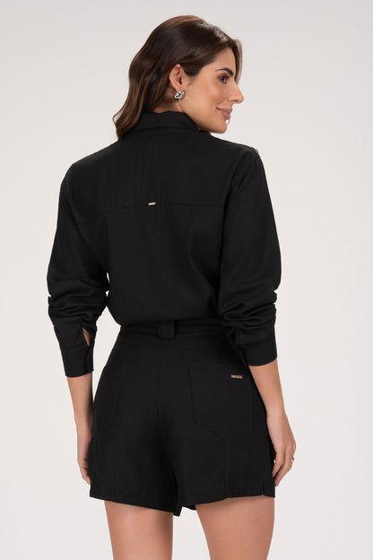 Short Linho Frysaide Preto Cintura Alta