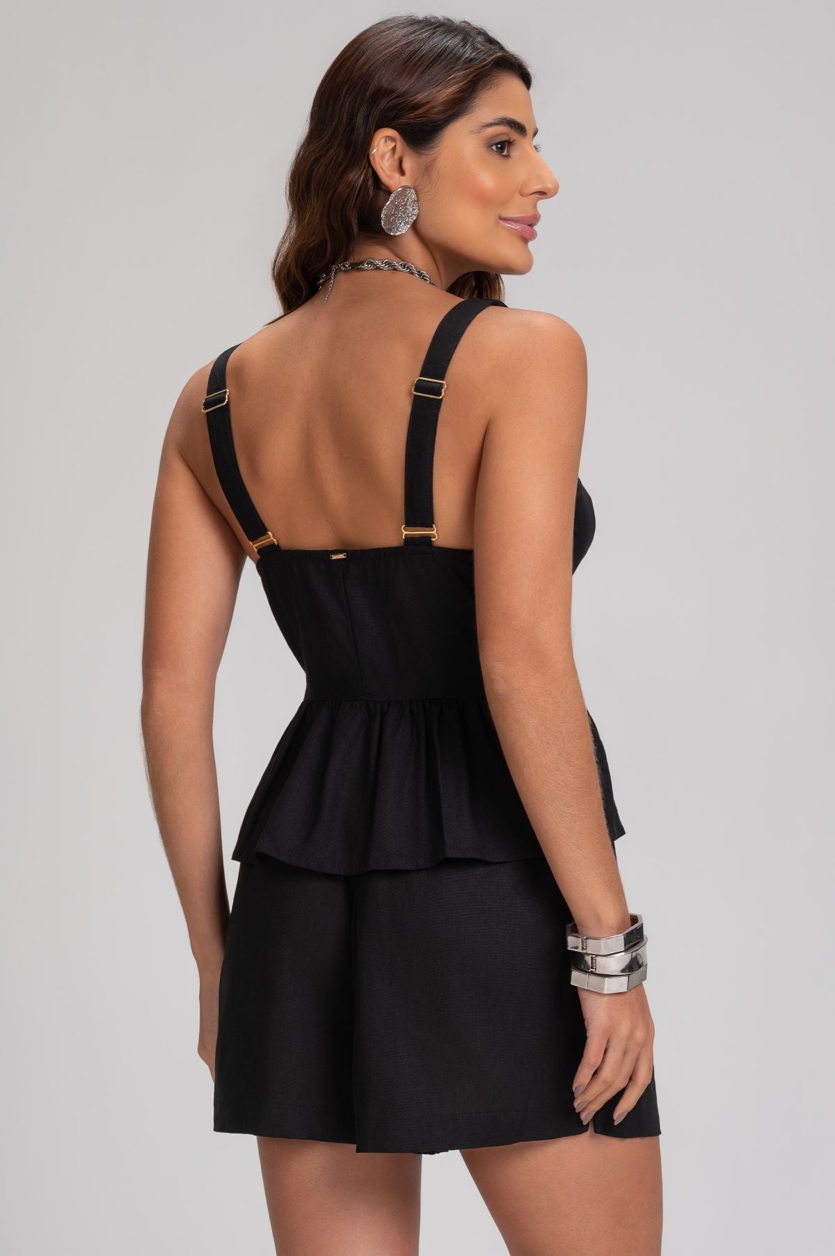 Short Linho Frysaide Preto Cintura Alta