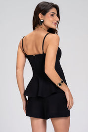 Short Linho Frysaide Preto Cintura Alta Babado