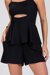 Short Linho Frysaide Preto Cintura Alta Babado
